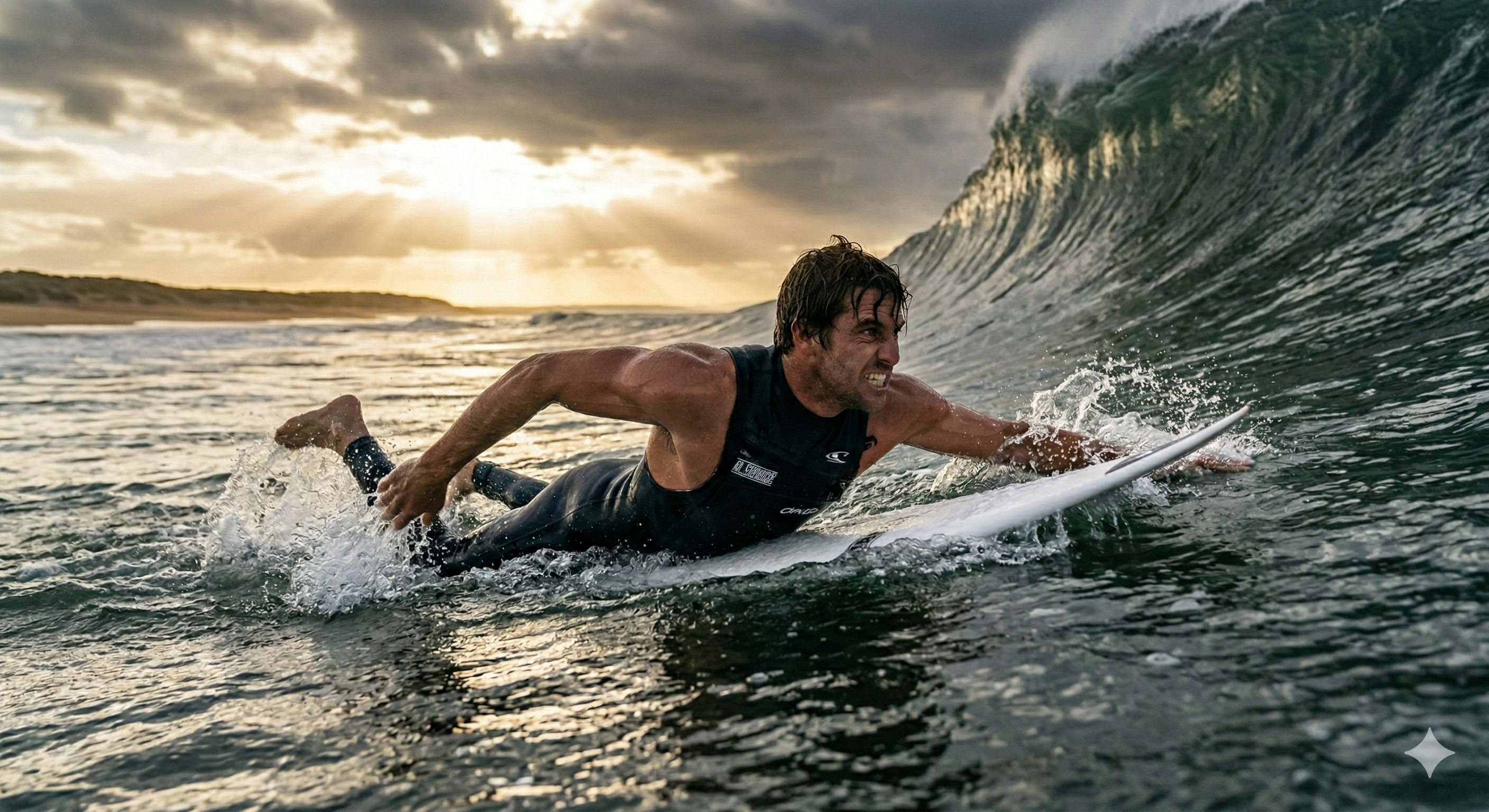 Surfer paddling hard